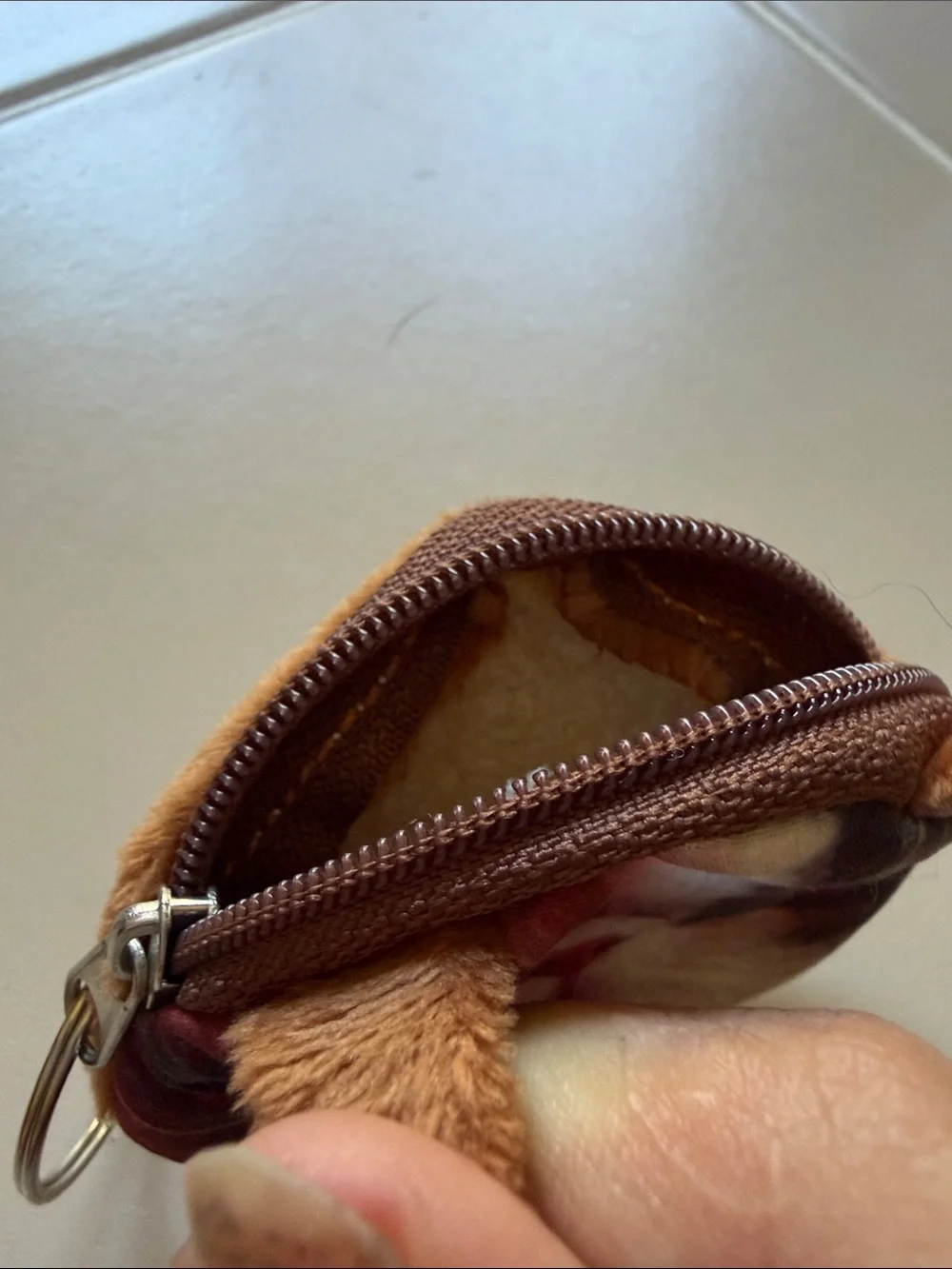 Plush Cat Face Coin Pouch Keyring - Brown/White